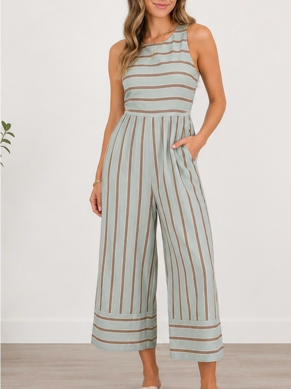 ✨ P.CILL Green Striped Cropped Wide Leg Jumpsuit Size Small